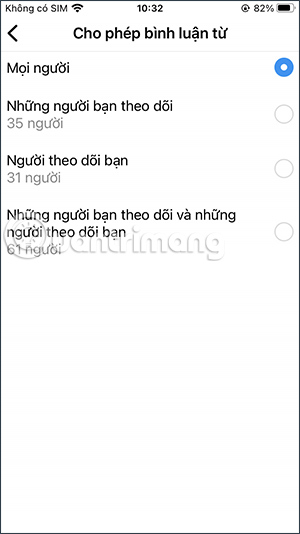 Tùy chọn bình luận trên Instagram từ ai