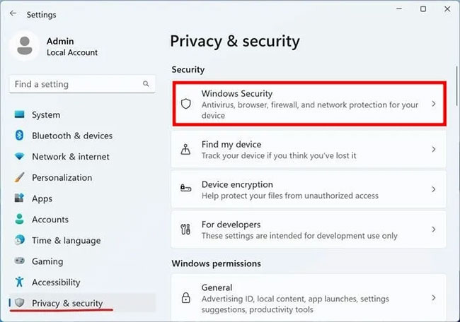 Vào Windows Security