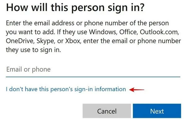 Nhấp vào I don’t have this person’s sign-in information