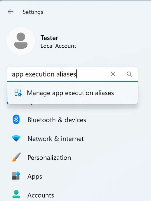 Tìm kiếm App execution aliases