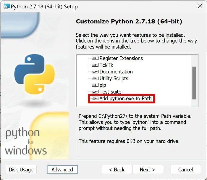 Bật “Add python.exe to Path”