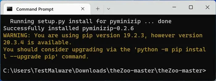 Thông báo “Successfully installed pyminizip-0.2.6”
