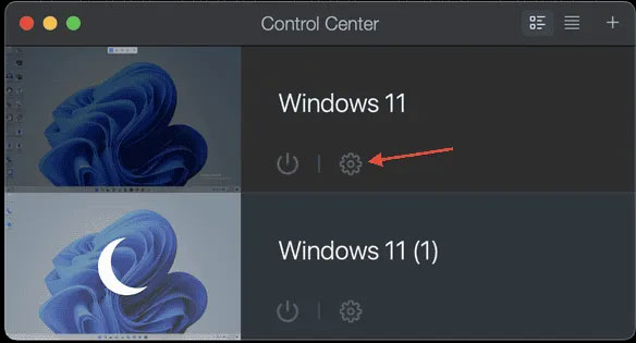 Nhấn vào biểu tượng bánh răng của máy ảo Windows