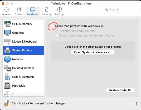 Bỏ chọn Share Mac printers with Windows 11