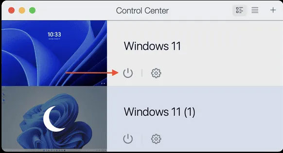 Nhấp vào nút nguồn trên máy ảo Windows
