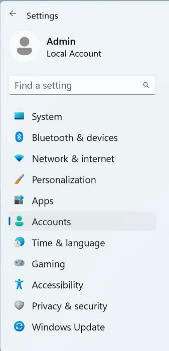 Mở Settings -> Accounts