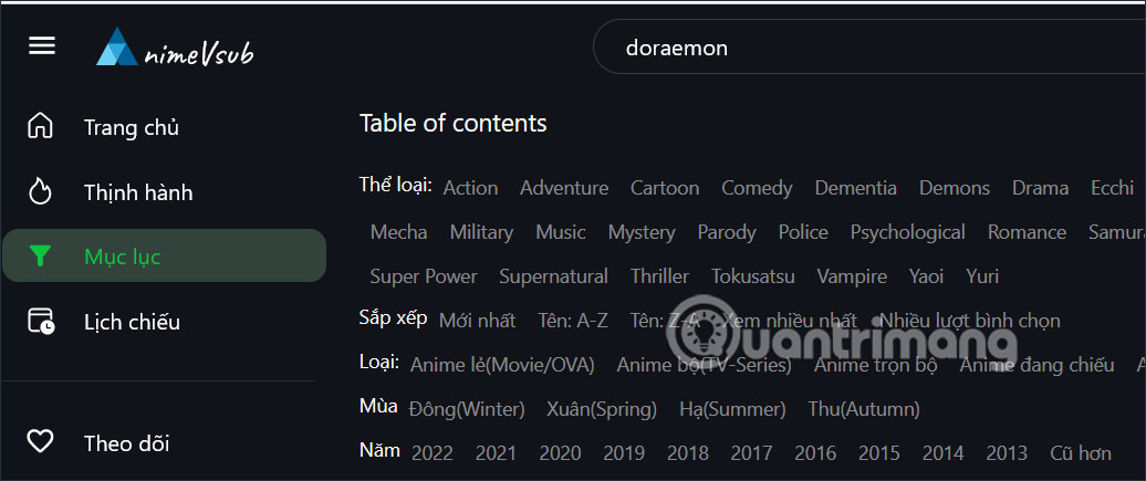 Chọn thể loại phim trên AnimeVsub