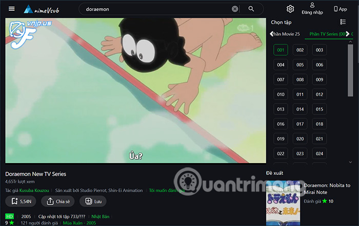 Giao diện xem phim trên AnimeVsub