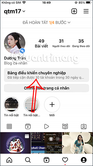 Bảng điều khiển tài khoản Instagram
