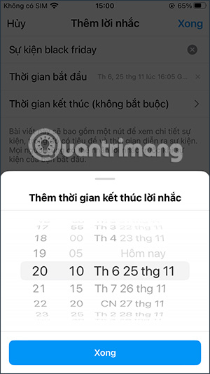 Chọn thời gian kết thúc sự kiện Instagram