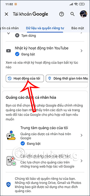 Hoạt động của bạn trên Google Android
