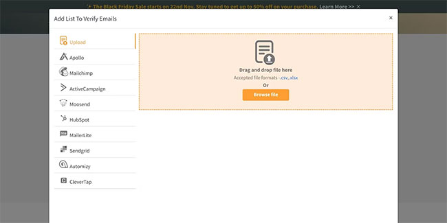 Upload danh sách gửi thư trên trang xác minh email của Clearout