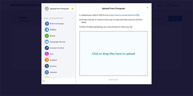 Upload file xác thực email trên NeverBounce