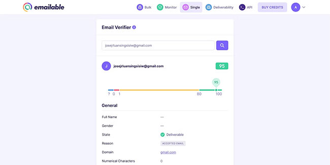 Kết quả và dữ liệu xác minh email tại Emailable