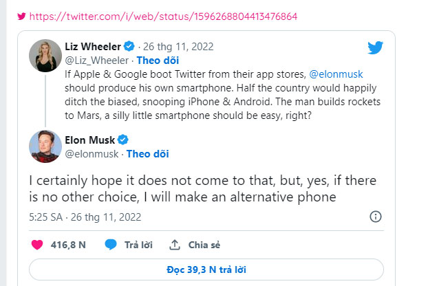 Elon Musk sẽ tự làm smartphone để cạnh tranh với iPhone nếu Apple và Google cấm cửa Twitter