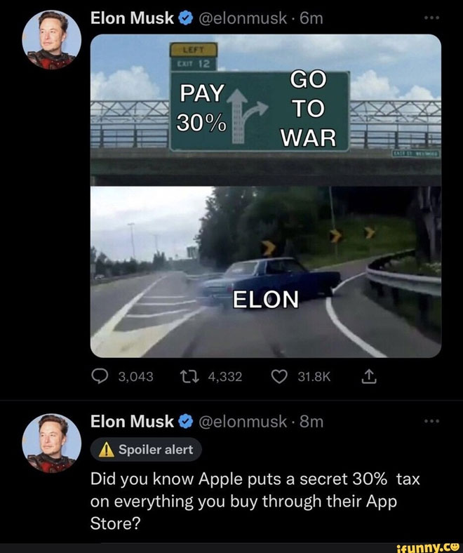 Dòng tweet của Elon cho thấy ông sẵn sàng "gây chiến" với Apple. Ảnh: @elonmusk.