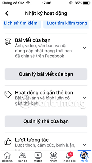 Các mục quản lý trên Facebook