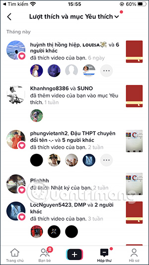 Danh sách video nhấn thích trên TikTok
