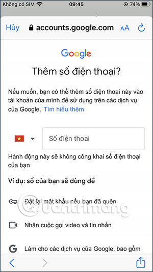 Nhập số điện thoại Gmail
