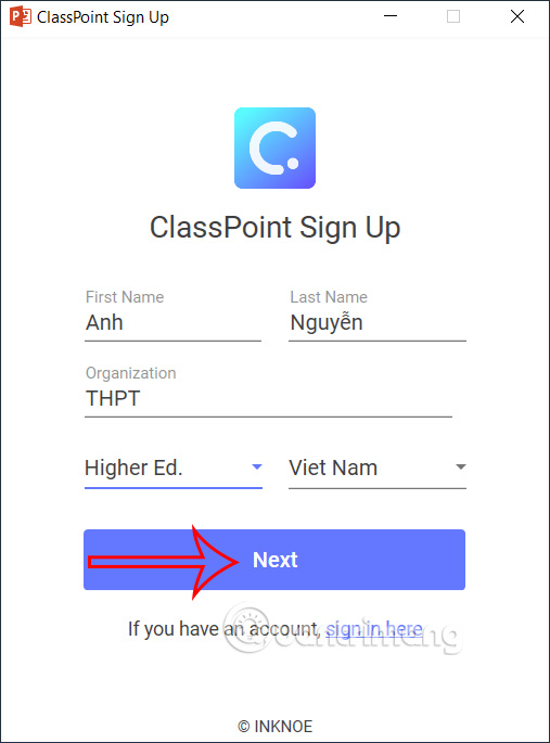 Điền thông tin ClassPoint
