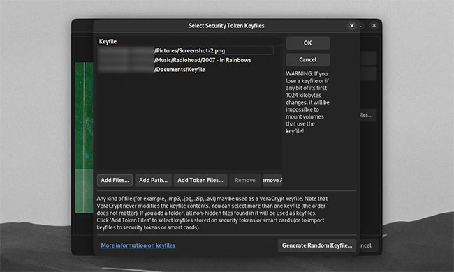 Màn hình Select Security Token Keyfiles