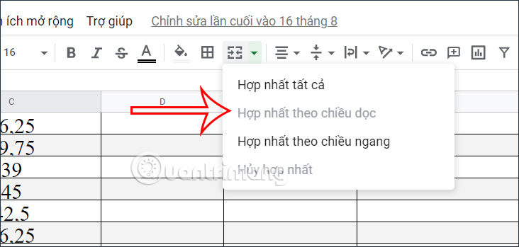 Chọn kiểu gộp ô Google Sheets