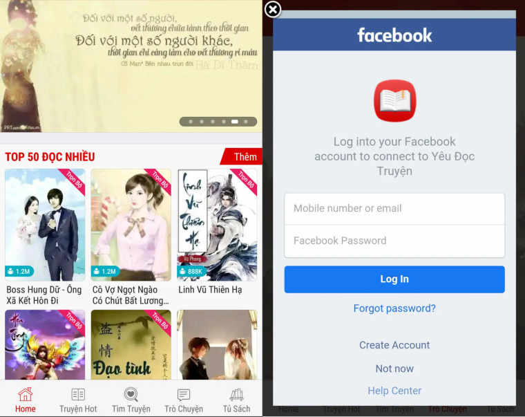 Một trong những ứng dụng chưa mã độc (trái) và màn hình đăng nhập Facebook (phải)