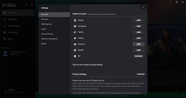 Ảnh chụp màn hình trang tài khoản cho ứng dụng Windows Xbox với Link được highlight