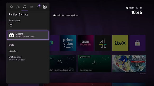 Ảnh chụp màn hình các tùy chọn trò chuyện nhóm trên Xbox Series X với Discord được highlight