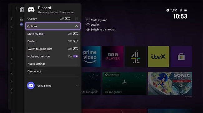 Ảnh chụp màn hình các tùy chọn âm thanh có sẵn cho kênh thoại Discord trên Xbox Series X