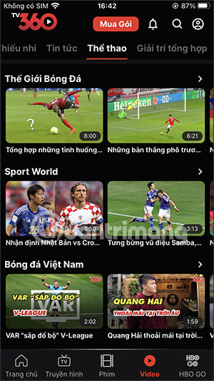 Danh mục video trên TV360