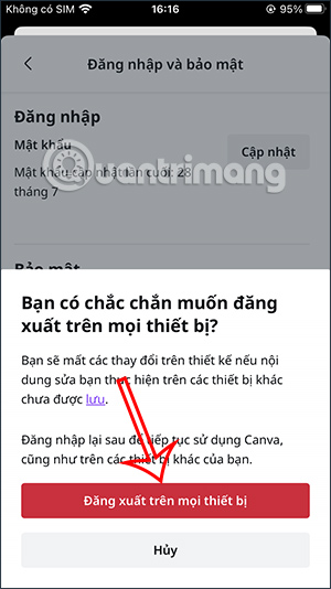 Chọn đăng xuất tài khoản Canva