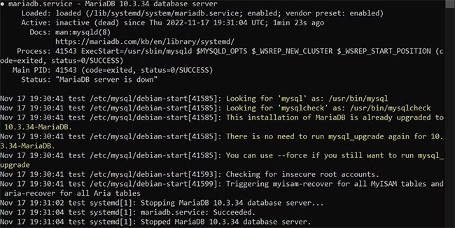 Trạng thái MariaDB không hoạt động