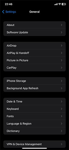 Trang cài đặt chung của iPhone