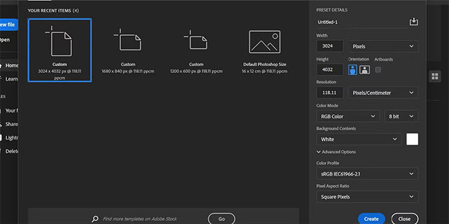 Tạo tài liệu tùy chỉnh trong Photoshop