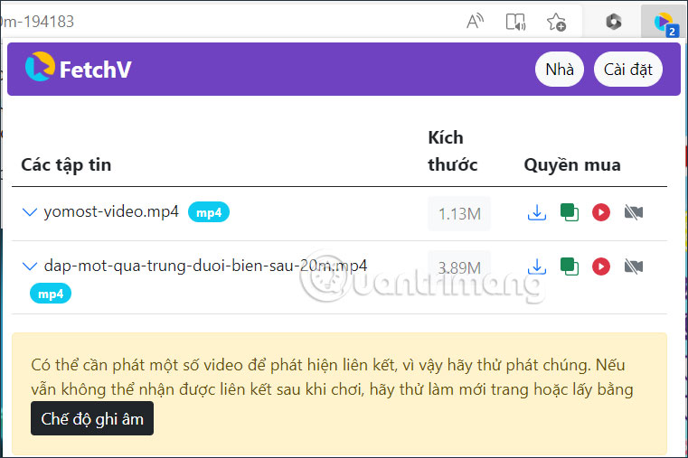 Tiện ích FetchV tìm video