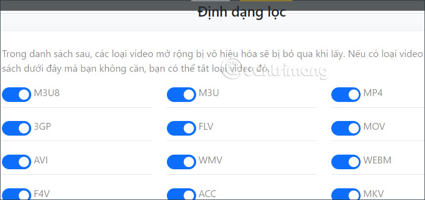 Chỉnh định dạng lọc FetchV tải video