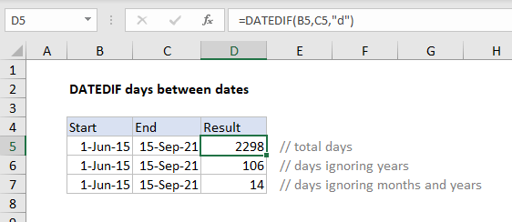 Chênh lệch giữa các ngày trong Excel