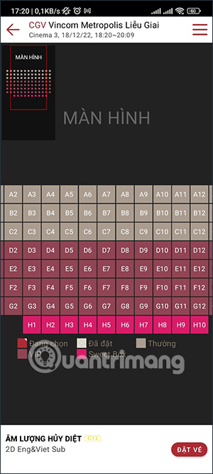 Chọn ghế xem phim trên CGV Cinemas