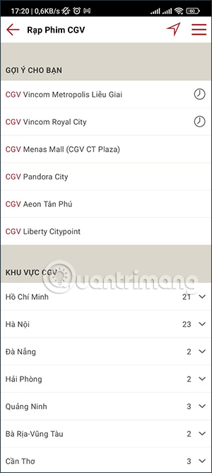 Tìm rạp trên CGV Cinemas