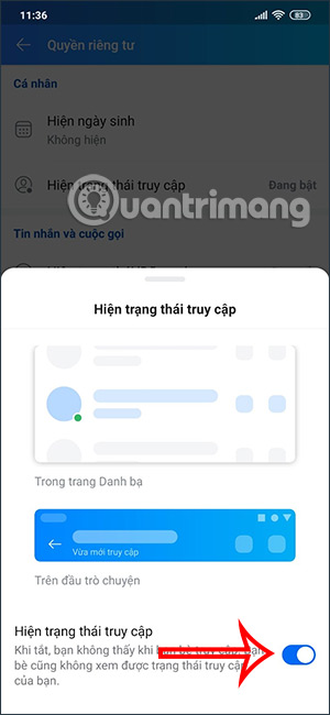 Điều chỉnh trạng thái truy cập Zalo