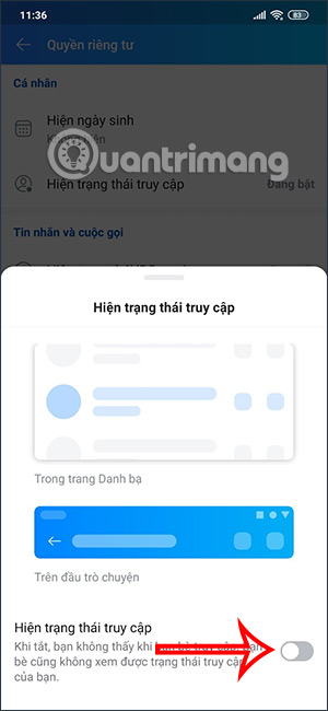 Tắt trạng thái truy cập Zalo