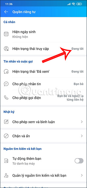 Tắt hoạt động trên Zalo