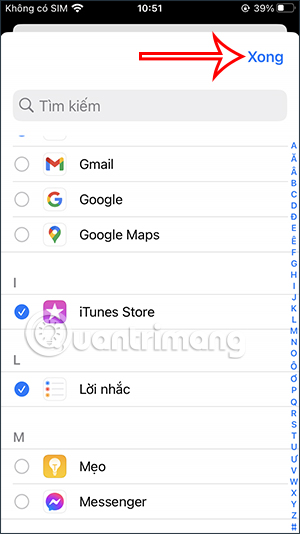 Chọn ứng dụng tắt thông báo