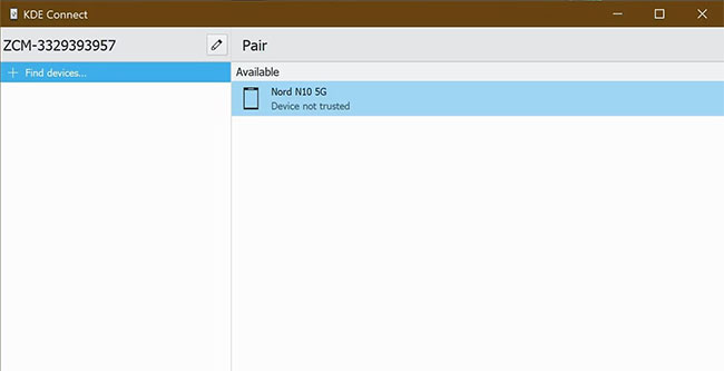 KDE Connect với các thiết bị khả dụng được liệt kê