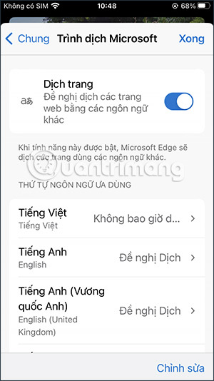 Danh sách ngôn ngữ trên Microsoft Edge