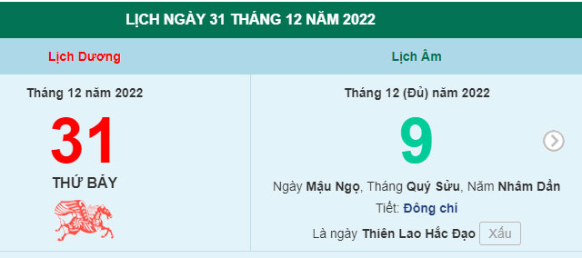 Xem lịch ngày 31/12/2022