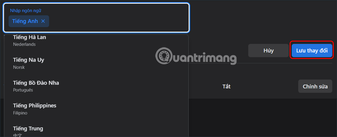 Ngôn ngữ dịch trên Facebook máy tính