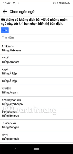 Danh sách ngôn ngữ trên Facebook