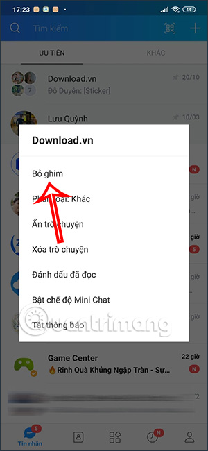 Bỏ ghim trò chuyện trên Zalo